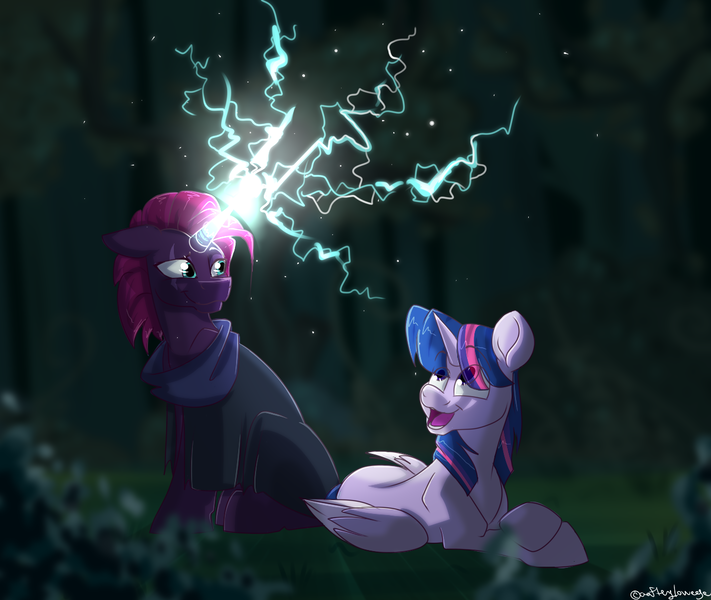 Size: 1280x1080 | Tagged: safe, artist:aaftergloweeye, derpibooru import, fizzlepop berrytwist, tempest shadow, twilight sparkle, twilight sparkle (alicorn), alicorn, pony, unicorn, spoiler:mlp friendship is forever, duo, duo female, eye scar, female, horn, image, lightning, looking up, lying down, magic, open mouth, open smile, png, prone, scar, sitting, smiling, sparking horn