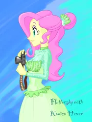 Size: 900x1200 | Tagged: safe, artist:xjleiu, derpibooru import, fluttershy, equestria girls, camera, clothes, dress, eyeshadow, film reel, hair bun, image, jpeg, konica hexar, lipstick, makeup, solo