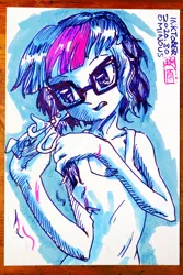 Size: 800x1200 | Tagged: safe, artist:xjleiu, derpibooru import, sci-twi, twilight sparkle, equestria girls, alternate hairstyle, clothes, glasses, haircut, image, inktober, inktober 2020, jpeg, scissors, solo, tanktop