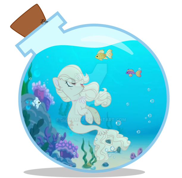 Size: 1920x1881 | Tagged: safe, artist:dianamur, derpibooru import, oc, unofficial characters only, fish, seapony (g4), bottle, bubble, coral, crepuscular rays, deviantart watermark, ear fluff, female, fish tail, flowing mane, flowing tail, glass, image, looking up, obtrusive watermark, ocean, open mouth, png, seaweed, simple background, smiling, solo, sunlight, swimming, tail, transparent background, underwater, water, watermark