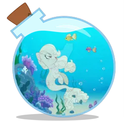 Size: 1920x1881 | Tagged: safe, artist:dianamur, derpibooru import, oc, unofficial characters only, fish, seapony (g4), bottle, bubble, coral, crepuscular rays, deviantart watermark, ear fluff, female, fish tail, flowing mane, flowing tail, glass, image, looking up, obtrusive watermark, ocean, open mouth, png, seaweed, simple background, smiling, solo, sunlight, swimming, tail, transparent background, underwater, water, watermark