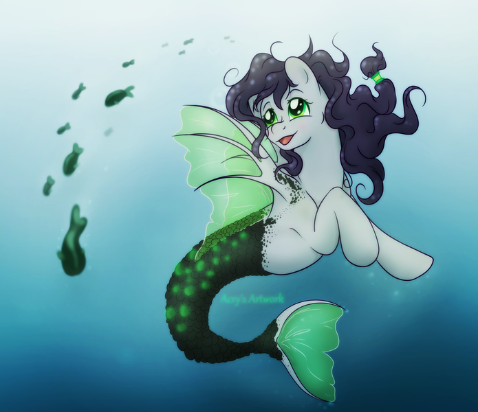 Size: 2200x1900 | Tagged: safe, artist:acry-artwork, derpibooru import, oc, unofficial characters only, fish, merpony, sea pony, bubble, commission, crepuscular rays, fin wings, fish tail, flowing mane, flowing tail, green eyes, image, ocean, open mouth, png, smiling, solo, sunlight, swimming, tail, underwater, water, wings, ych result