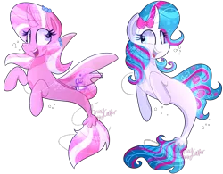 Size: 1370x1067 | Tagged: safe, artist:llyly, derpibooru import, oc, unofficial characters only, alicorn, pony, seapony (g4), unicorn, blue eyes, dorsal fin, female, fin wings, fish tail, flowing mane, flowing tail, horn, image, looking at each other, open mouth, png, purple eyes, seaponified, simple background, smiling, species swap, tail, teeth, transparent background, wings