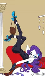 Size: 599x1012 | Tagged: suggestive, artist:xjleiu, derpibooru import, rarity, equestria girls, the other side, bedazzled, bodysuit, boots, butt, clothes, couch, eyeshadow, gloves, hairpin, handbag, high heel boots, image, jewelry, jpeg, makeup, necklace, phone, rearity, shoes, solo, unitard