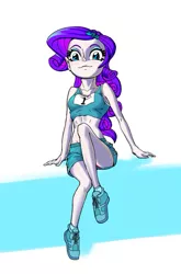 Size: 593x900 | Tagged: safe, artist:xjleiu, derpibooru import, idw, rarity, equestria girls, spoiler:comicequestriagirlsmarchradness, clothes, eyeshadow, hairpin, image, jpeg, makeup, march radness, midriff, pink panties, shorts, socks, solo, sports bra, sports panties, sports shoes, sports shorts, upshorts