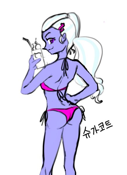 Size: 667x915 | Tagged: suggestive, artist:xjleiu, derpibooru import, sugarcoat, equestria girls, butt, clothes, drink, drinking straw, from behind, image, jpeg, looking at you, looking back, looking back at you, missing accessory, ponytail, solo, sugarcheeks, swimsuit, two piece swimsuit