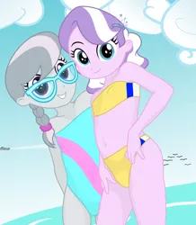 Size: 5280x6060 | Tagged: source needed, safe, artist:dtavs.exe, derpibooru import, diamond tiara, silver spoon, bird, seagull, equestria girls, clothes, cloud, glasses, image, png, swimsuit, water