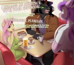 Size: 1016x900 | Tagged: safe, artist:evehly, derpibooru import, fluttershy, king sombra, oc, anthro, pegasus, pony, unicorn, alternate hairstyle, angry, breakfast, clothes, coat, coffee, coffee mug, commission, crepe, dialogue, diner, fangs, female, food, fork, glowing eyes, image, karen, knife, male, mare, muffin, mug, napkin, open mouth, pancakes, png, shipping, shirt, skirt, sombrashy, stallion, straight, table, this will end in tears, waitress