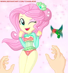 Size: 1859x2010 | Tagged: suggestive, artist:charliexe, edit, fluttershy, bird, equestria girls, adorasexy, clothes, cute, happy, image, jpeg, orange underwear, sexy, smiling, smiling at you, underwear, underwear edit, undressing, winking at you