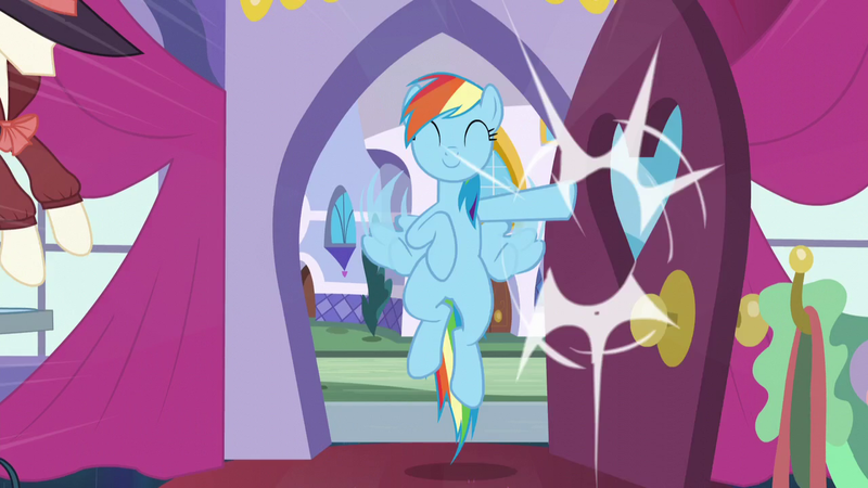 Size: 1280x720 | Tagged: safe, derpibooru import, screencap, rainbow dash, pegasus, pony, rarity investigates, season 5, ^^, clothes, cute, dashabetes, door, door slam, dress, eyes closed, female, flying, image, mannequin, mare, png, smiling, solo