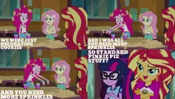 Size: 1280x720 | Tagged: safe, derpibooru import, edit, edited screencap, editor:quoterific, screencap, fluttershy, pinkie pie, sci-twi, sunset shimmer, twilight sparkle, equestria girls, legend of everfree, belt, camp everfree outfits, clothes, crossed arms, female, food, glasses, hairpin, image, jpeg, open mouth, ponytail, sprinkles, tanktop