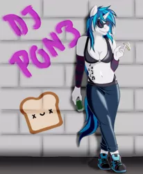 Size: 750x911 | Tagged: safe, artist:deathtoaster, derpibooru import, vinyl scratch, anthro, unicorn, breasts, cigarette, cleavage, clothes, graffiti, image, jeans, jpeg, midriff, pants, shoes, sneakers, solo