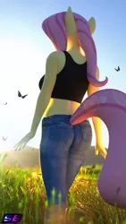 Size: 2160x3840 | Tagged: safe, artist:shadowboltsfm, derpibooru import, fluttershy, anthro, butterfly, insect, plantigrade anthro, 3d, 4k, beautiful, blender, clothes, grass, grass field, image, jeans, lens flare, nature, not sfm, pants, png, short shirt