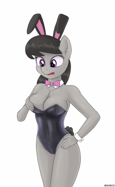 Size: 1850x3000 | Tagged: questionable, artist:irisarco, derpibooru import, octavia melody, anthro, earth pony, areola, areola slip, big breasts, bowtie, breast grab, breasts, bunny ears, bunny suit, cameltoe, chest fluff, cleavage, clothes, cuffs (clothes), ear fluff, female, grope, hand on hip, image, latex, leotard, open mouth, png, self grope, simple background, skintight, skintight clothes, solo, solo female, standing, tight clothing, wardrobe malfunction, watermark