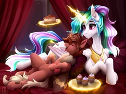 Size: 7087x5315 | Tagged: safe, artist:buvanybu, derpibooru import, princess celestia, oc, oc:red flux, changeling, insect, moth, mothling, original species, blushing, cake, cuddling, cupcake, food, image, lying down, magic, on back, on stomach, png, red changeling, smiling, species swap, spoon