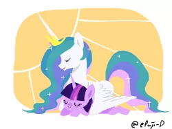 Size: 1200x900 | Tagged: safe, artist:epuji-d, derpibooru import, princess celestia, twilight sparkle, alicorn, pony, unicorn, cute, cutelestia, duo, eyes closed, female, hug, image, lying down, mare, momlestia, pixiv, png, profile, prone, sleeping, sploot, sun, twiabetes, unicorn twilight, wing blanket, winghug, wings