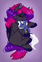 Size: 2700x4000 | Tagged: safe, artist:witchtaunter, derpibooru import, oc, bat pony, pony, unicorn, bat pony oc, bat wings, child, commission, cuddling, cute, ear fluff, floppy ears, image, parent and child, png, shoulder fluff, sleeping, smiling, snuggling, wings