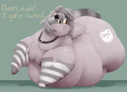 Size: 2520x1824 | Tagged: suggestive, artist:lupin quill, derpibooru import, oc, oc:snuffy, ponified, unofficial characters only, hybrid, pegasus, pony, raccoon, raccoon pony, belly, big belly, bingo wings, blushing, butt, choker, clothes, dialogue, fat, fat fetish, female, fetish, flabby chest, grin, image, implied weight gain, large butt, lineless, looking back, morbidly obese, neck fat, obese, pegasus oc, plot, png, rolls of fat, simple background, smiling, socks, solo, solo female, the ass was fat, tight clothing, torn clothes, vtuber, wardrobe malfunction, wings