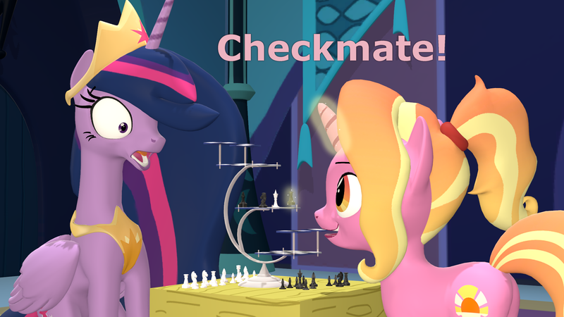 Size: 1920x1080 | Tagged: safe, artist:red4567, derpibooru import, luster dawn, princess twilight 2.0, twilight sparkle, twilight sparkle (alicorn), alicorn, pony, unicorn, the last problem, 3d, 3d chess, atg 2021, checkmate, chess, crown, duo, duo female, female, glowing horn, horn, image, jaw drop, jewelry, magic, magic aura, newbie artist training grounds, older, older twilight, png, regalia, shocked, source filmmaker, star trek