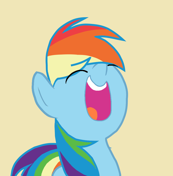 Size: 984x1000 | Tagged: source needed, safe, artist:appliedscience, derpibooru import, rainbow dash, pegasus, pony, eyes closed, happy, image, laughing, open mouth, png, simple background, solo, volumetric mouth, yellow background