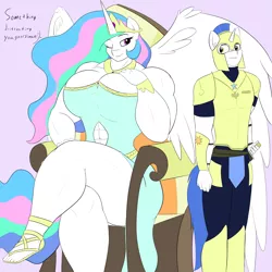 Size: 3000x3000 | Tagged: suggestive, artist:astrum, derpibooru import, princess celestia, alicorn, anthro, plantigrade anthro, unicorn, abs, amazon, armor, biceps, boob squish, breasts, clothes, crossed legs, crown, deltoids, dialogue, digital art, dress, ethereal mane, ethereal tail, female, frown, guardlestia, height difference, image, jewelry, larger female, looking at each other, male, muscles, muscular female, muscular male, nervous, one eye closed, png, princess musclestia, regalia, royal guard, royal guard armor, seductive, shipping, shoes, simple background, sitting, size difference, smaller male, smiling, straight, sweat, sword, teasing, thighs, throne, thunder thighs, weapon, wings, wink