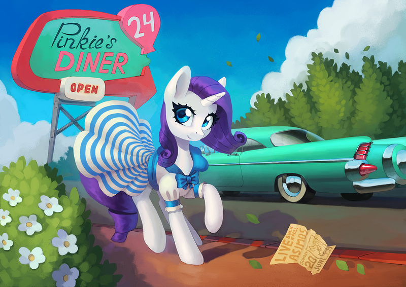 Size: 1400x990 | Tagged: safe, artist:asimos, derpibooru import, rarity, pony, unicorn, 1950s, 50s, bow, car, clothes, cute, diner, dress, female, flower, image, implied pinkie pie, jpeg, mare, raribetes, sign, solo