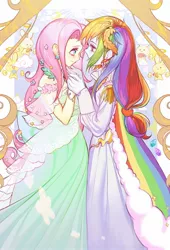 Size: 1238x1817 | Tagged: safe, artist:dengdengbobo, derpibooru import, fluttershy, rainbow dash, equestria girls, clothes, dress, female, flutterdash, gala dress, image, jpeg, lesbian, shipping