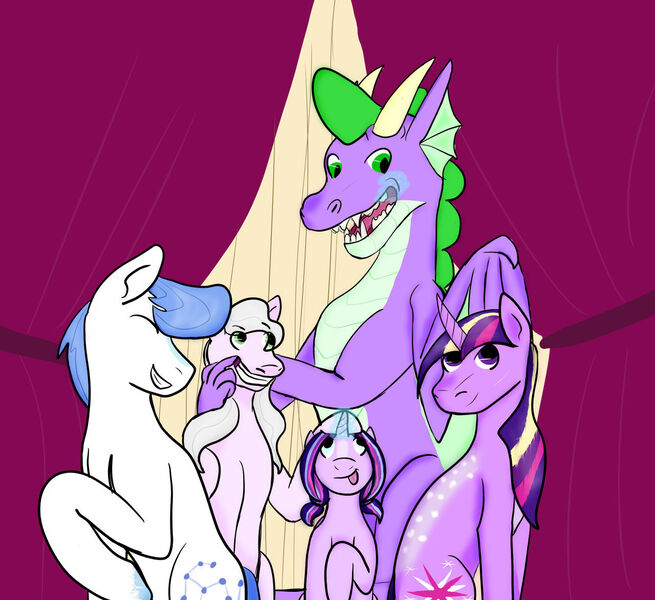 Size: 1280x1172 | Tagged: safe, artist:14errantartistgd, derpibooru import, orion, shooting star (character), spike, twilight sparkle, oc, oc:aurora sparkle-star, oc:serenity sparkle-star, dragon, pony, unicorn, adopted offspring, family, female, filly, image, jpeg, male, mare, offspring, older, older spike, parent:shooting star, parent:twilight sparkle, shipping, stallion, straight, unicorn twilight, winged spike