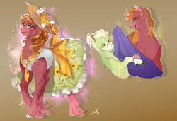 Size: 1500x1025 | Tagged: safe, artist:bunnari, derpibooru import, big macintosh, granny smith, pony, alternate hairstyle, blushing, brown background, clothes, crossdressing, cute, drag queen, dress, eyeshadow, female, freckles, glasses, hat, image, leg fluff, lipstick, makeup, male, mare, measuring tape, open mouth, png, simple background, stallion, sun hat, unshorn fetlocks