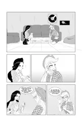 Size: 5079x7866 | Tagged: safe, artist:bidzinha, derpibooru import, applejack, rarity, equestria girls, absurd resolution, apple juice, barefoot, blouse, bracelet, breasts, cleavage, clothes, comic, couch, ear piercing, earring, feet, female, flannel, flannel shirt, freckles, geode of shielding, geode of super strength, hairpin, hand, image, jacket, jewelry, jpeg, juice, juice box, knitting, knitting needles, lesbian, magical geodes, missing shoes, monochrome, nail polish, piercing, purse, rainbooms, rarijack, record, shipping, skirt, socks, table