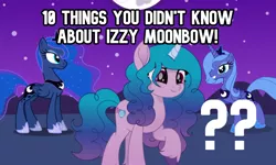 Size: 1000x600 | Tagged: safe, derpibooru import, izzy moonbow, princess luna, pony, april fools, april fools 2021, female, females only, g5, image, jpeg, movie accurate, night, question mark, s1 luna, self ponidox, text