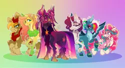 Size: 2048x1116 | Tagged: safe, artist:alzmariowolfe, artist:mario-wolfe, derpibooru import, applejack, fluttershy, pinkie pie, rainbow dash, rarity, twilight sparkle, alicorn, pegasus, pony, alternate design, bandana, bow, clothes, cloven hooves, collar, female, glasses, image, jpeg, mane six, mare, multicolored hair, redesign, scarf, twitterina design, unicorn fluttershy, unshorn fetlocks