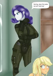 Size: 2894x4093 | Tagged: safe, artist:wolfjarl, derpibooru import, applejack, rarity, human, fanfic:fallout girls, equestria girls, armor, blushing, bodysuit, brotherhood of steel, clothes, female, females only, high res, humanized, image, jpeg, lesbian, mirror, skintight, skintight clothes