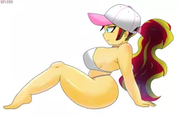 Size: 3152x2080 | Tagged: suggestive, artist:swagalicious-tony, derpibooru import, sunset shimmer, equestria girls, breasts, busty sunset shimmer, cap, clothes, female, hat, high res, image, png, simple background, solo, solo female, swimsuit, white background