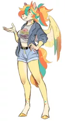Size: 490x910 | Tagged: safe, artist:halfcrazydaisy, derpibooru import, oc, oc:sydney, unofficial characters only, anthro, pegasus, pony, unguligrade anthro, breasts, clothes, denim shorts, female, hand on hip, image, jacket, magical lesbian spawn, mare, midriff, offspring, parent:applejack, parent:rainbow dash, parents:appledash, pegasus oc, png, shorts, simple background, solo, white background, wings