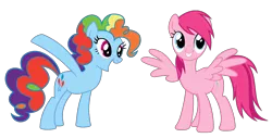 Size: 2120x1081 | Tagged: safe, derpibooru import, edit, vector edit, pinkie pie, rainbow dash, earth pony, pegasus, pony, ponyar fusion, female, fusion, image, lesbian, pinkiedash, png, rainbow pie, recolor, shipping, simple background, smiling, transparent background, vector