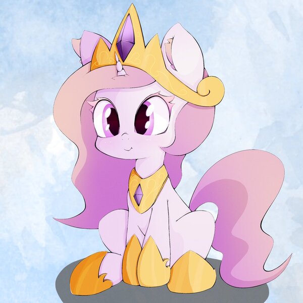 Size: 1024x1024 | Tagged: safe, artist:zokkili, derpibooru import, princess celestia, pony, unicorn, cewestia, crown, cute, cutelestia, ear fluff, female, filly, hoof shoes, image, jewelry, jpeg, race swap, regalia, sitting, solo, unicorn celestia, younger