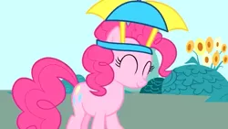 Size: 638x360 | Tagged: safe, derpibooru import, pinkie pie, earth pony, pony, 2009, eyes closed, hat, image, my little pony adventures, png, prototype, show bible, show pilot, smiling, start of ponies, umbrella, umbrella hat