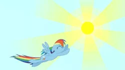 Size: 638x360 | Tagged: safe, derpibooru import, rainbow dash, pegasus, pony, 2009, eyes closed, female, flying, image, mare, my little pony adventures, png, prototype, show bible, show pilot, sky, smiling, solo, start of ponies, sun, youtube link