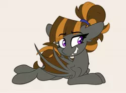 Size: 2586x1906 | Tagged: safe, artist:nekro-led, derpibooru import, part of a set, oc, oc:mythic dawn, unofficial characters only, bat pony, pony, bat pony oc, bat wings, commission, cute, eyebrows visible through hair, fangs, female, hair tie, high res, image, jpeg, looking at you, lying down, ocbetes, ponytail, purple eyes, simple background, smiling, smiling at you, solo, white background, wings, ych result