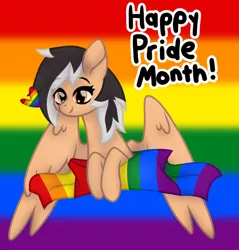 Size: 1084x1133 | Tagged: safe, artist:froyo15sugarblast, derpibooru import, oc, oc:hearty felt, pegasus, pony, base used, eye clipping through hair, female, gay, gay pride flag, happy, heart, image, lgbt, lgbt flag, lgbtq, male, mare, png, pride, pride flag, pride month, rainbow, ribbon, shading, solo, text