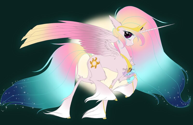 Size: 2048x1325 | Tagged: safe, artist:fluffdragonart, derpibooru import, princess celestia, alicorn, pony, alternate hairstyle, chest fluff, colored wings, dock, female, gradient wings, image, jpeg, looking at you, mare, multicolored wings, raised hoof, raised leg, solo, spread wings, unshorn fetlocks, wings