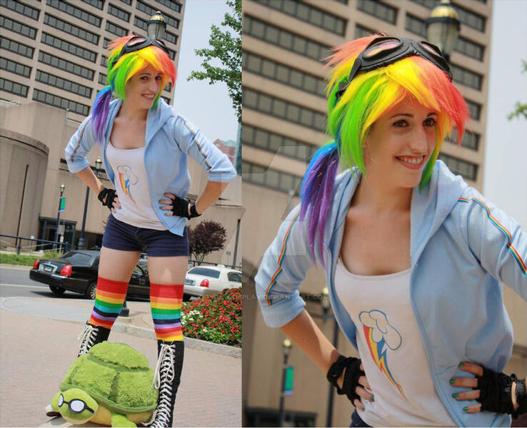 Size: 900x732 | Tagged: safe, derpibooru import, rainbow dash, human, turtle, clothes, connecticon, connecticon 2012, converse, cosplay, costume, goggles, image, irl, irl human, jpeg, photo, plushie, rainbow socks, shoes, shorts, sneakers, socks, striped socks