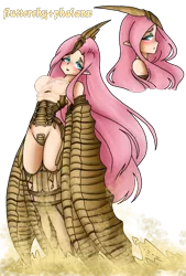 Size: 1080x1596 | Tagged: suggestive, artist:jvartes6112, derpibooru import, fluttershy, monster girl, bedroom eyes, blushing, bust, clothes, duo, elf ears, fusion, image, png, see-through, shadow of the colossus, simple background, species swap, transparent background