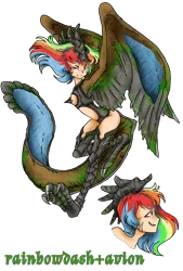 Size: 1080x1596 | Tagged: suggestive, artist:jvartes6112, derpibooru import, rainbow dash, monster girl, bust, clothes, duo, female, image, png, shadow of the colossus, simple background, smiling, species swap, transparent background, wings