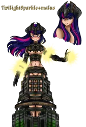 Size: 1080x1596 | Tagged: suggestive, artist:jvartes6112, derpibooru import, twilight sparkle, monster girl, blushing, bust, clothes, duo, female, gloves, glowing hands, helmet, horns, image, long gloves, png, shadow of the colossus, simple background, smiling, species swap, transparent background