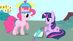 Size: 638x360 | Tagged: safe, derpibooru import, pinkie pie, twilight sparkle, earth pony, pony, unicorn, 2009, book, confused, hat, image, my little pony adventures, png, prototype, show bible, show pilot, sitting, smiling, umbrella, umbrella hat, unicorn twilight