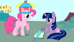 Size: 638x360 | Tagged: safe, derpibooru import, edit, pinkie pie, twilight sparkle, twilight twinkle, pegasus, pony, unicorn, 2009, book, confused, hat, image, moon, pegasus pinkie pie, png, race swap, show bible, show pilot, smiling, stars, start of ponies, umbrella, umbrella hat, unicorn twilight, what could have been, wings