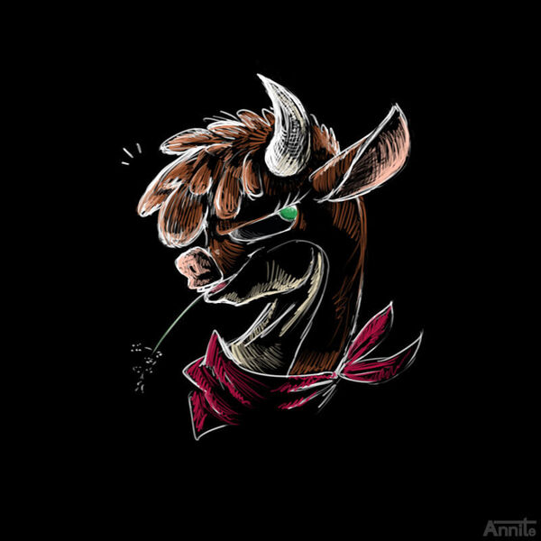 Size: 800x800 | Tagged: safe, artist:annitart, derpibooru import, arizona cow, cow, them's fightin' herds, black background, bust, community related, doodle, female, image, jpeg, looking at you, simple background, solo, straw in mouth