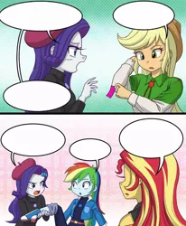 Size: 776x942 | Tagged: safe, artist:uotapo, derpibooru import, applejack, rainbow dash, rarity, sunset shimmer, equestria girls, equestria girls series, clothes, female, french rarity, hat, image, jacket, jpeg, long sleeves, new outfit, template